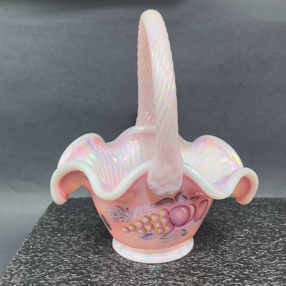 Vtg Lynn & Craig Fenton Glass Basket Rosalene Opalesce Iridescent Pink J Powell
